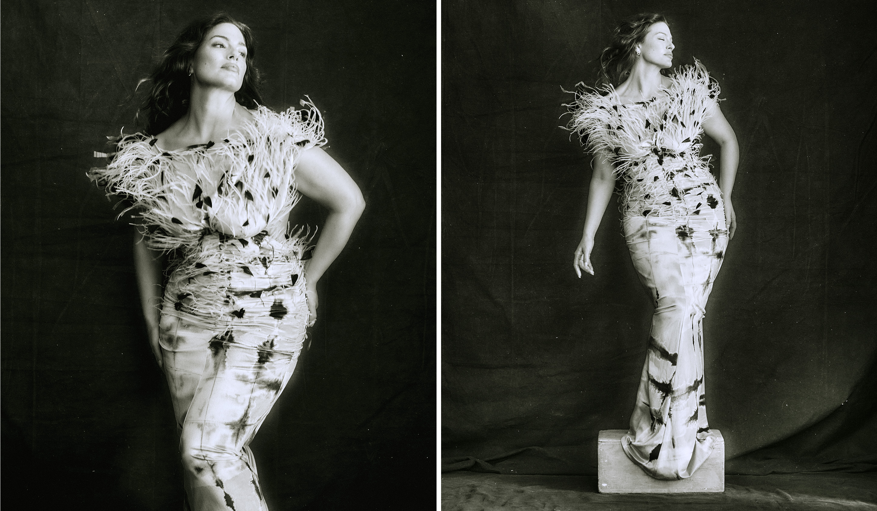 Ashley Graham poses in a split image wearing a feather couture gown standing on a podium looking over her right shoulder