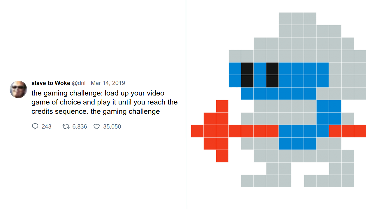 A dril tweet alongside art from the game Dig Dug