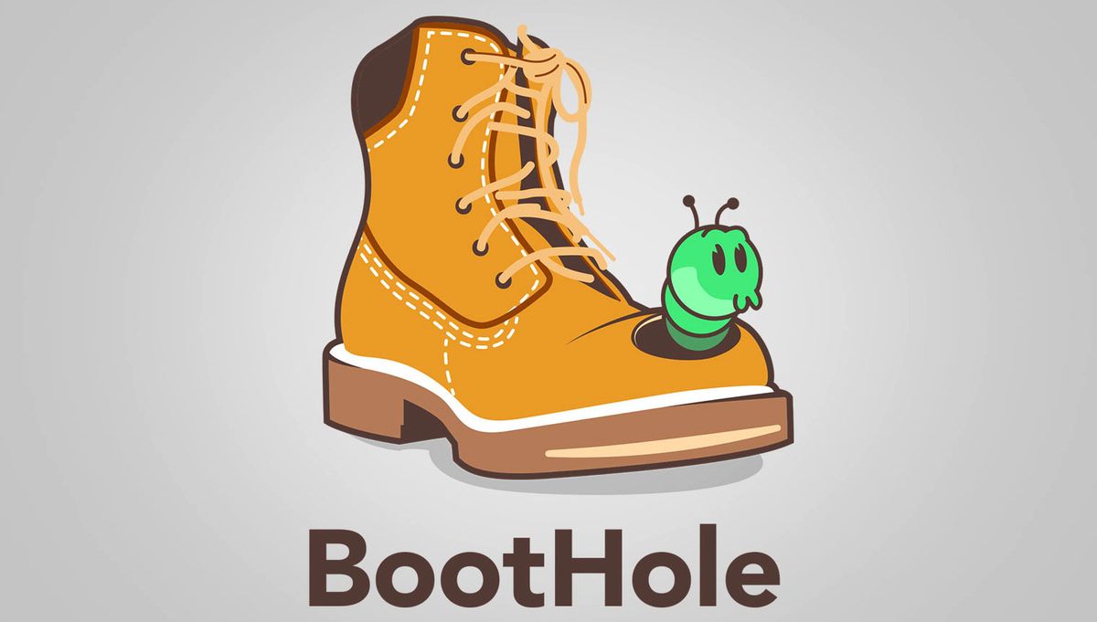 The BootHole logo, a cute green cartoon worm poking out of a work boot.