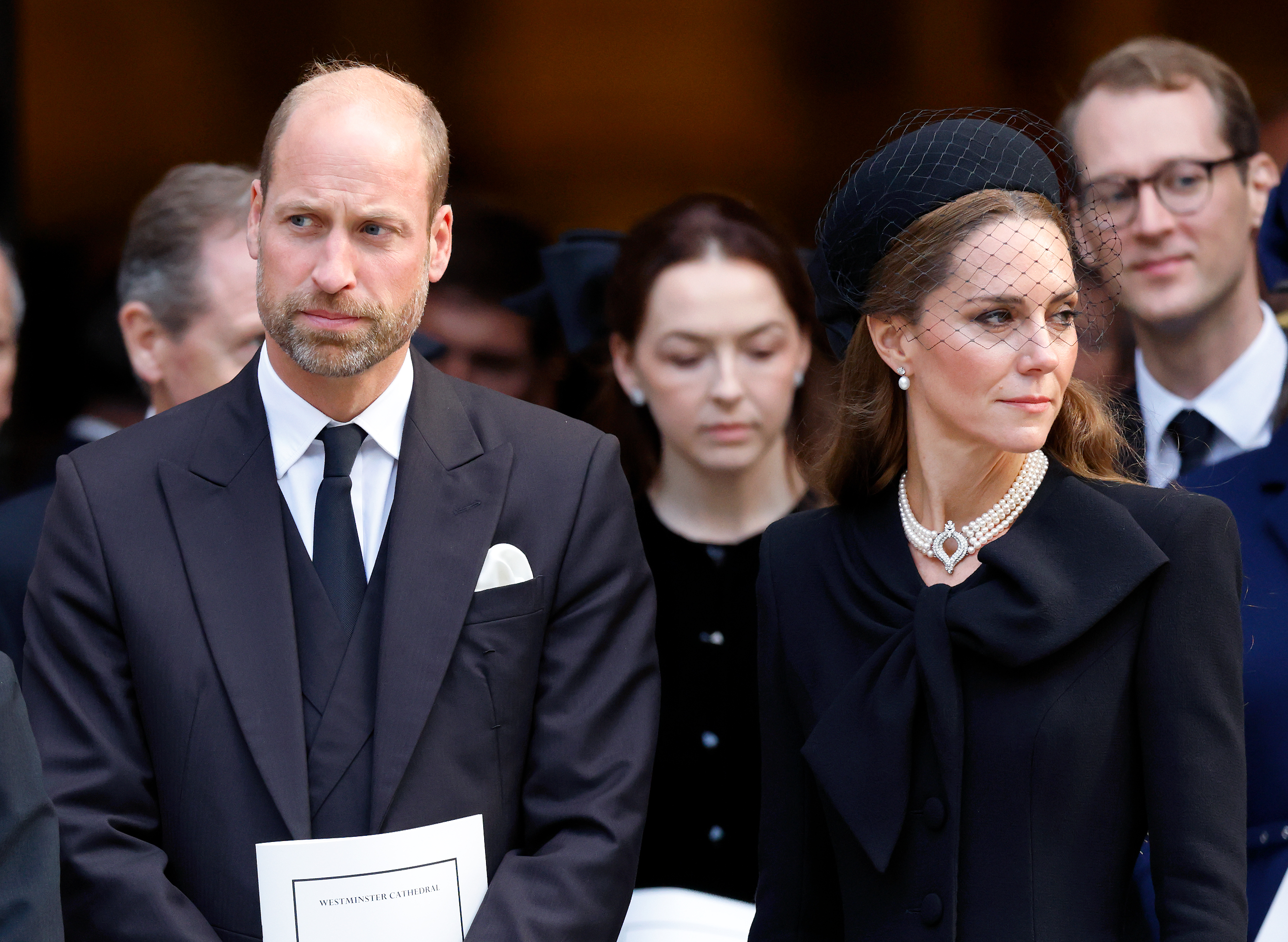 Prince William, Prince of Wales and Catherine, Princess of Wales attend Katharine, Duchess of Kent's Requiem Mass service at Westminster Cathedral on September 16, 2025 in London, England. Katharine, Duchess of Kent was married to Prince Edward, Duke of Kent, a first cousin of Queen Elizabeth II. She died on September 4 at the age of 92 at Kensington Palace surrounded by her family. Having converted to Catholicism in 1994, her funeral takes place at Westminster Cathedral and is the first Catholic funeral to be held for a member of the royal family in modern British history. Her Royal Highness will be laid to rest at the Royal Burial Ground at Frogmore, Windsor. (Photo by Max Mumby/Indigo/Getty Images)