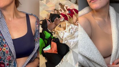 two shots of matilda wearing comfy bras as well as a group of bras that were tested
