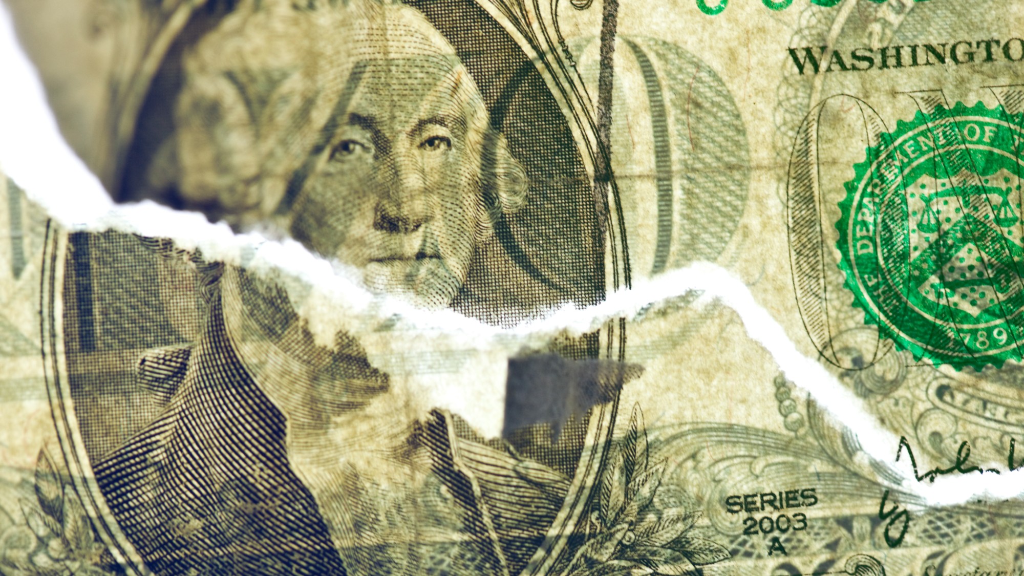 Torn one dollar bill, close-up