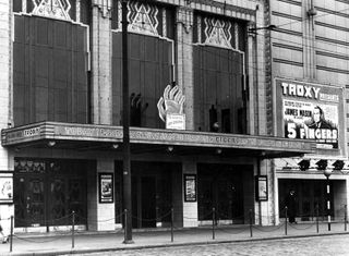 Black and white photo of a building exterior