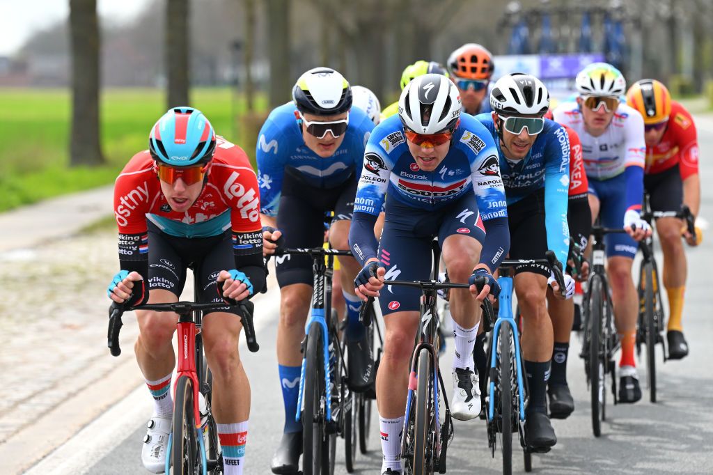WAREGEM BELGIUM MARCH 27 LR Pascal Eenkhoorn of The Netherlands and Team Lotto Dstny Mathias Norsgaard of Denmark and Movistar Team and Casper Pedersen of Denmark and Team Soudal QuickStep compete in the breakaway during the 78th Dwars Door Vlaanderen 2024 Mens Elite a 1886km one day race from Roeselare to Waregem UCIWT on March 27 2024 in Waregem Belgium Photo by Tim de WaeleGetty Images