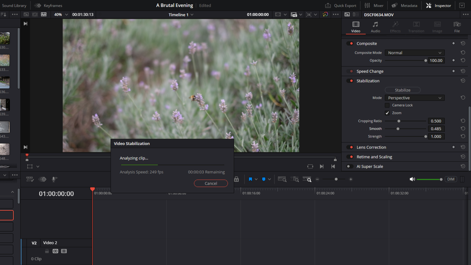 A screenshot of the editing panel of DaVinci Resolve 20 showing the stabilisation function analysing the clip.