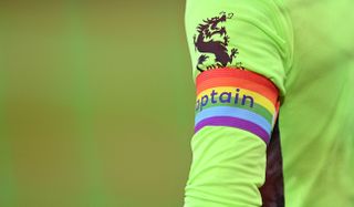 Leicester City goalkeeper Kasper Schmeichel wearing a rainbow laces captains armband during the Premier League match at Bramall Lane, Sheffield
