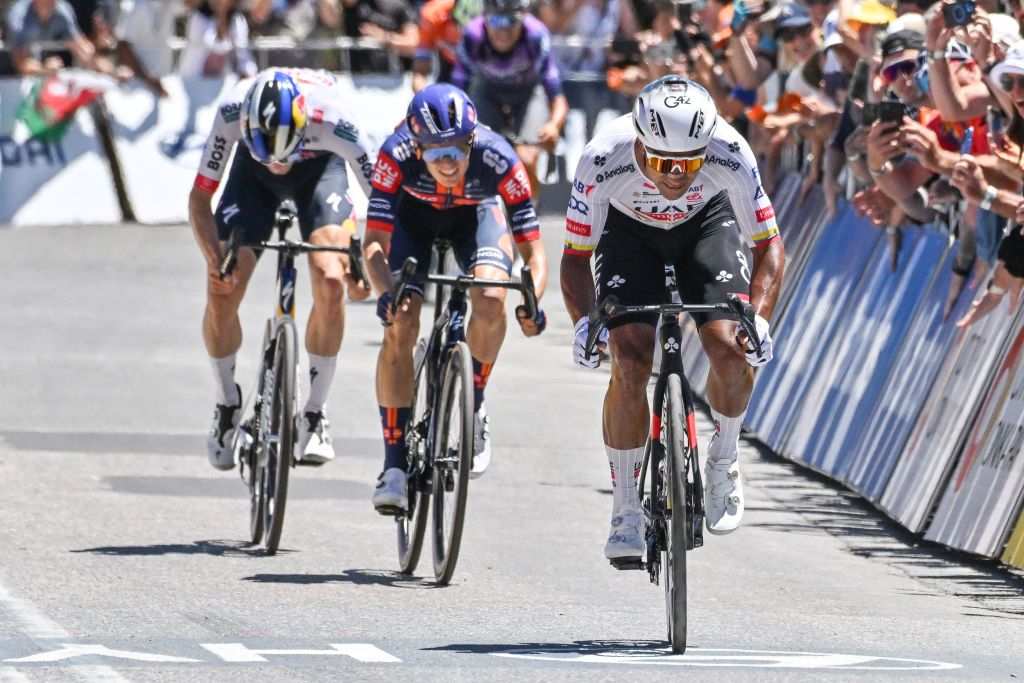 UAE Team Emirates XRG rider Jhonatan Narvaez from Ecuador wins stage 5 of the Tour Down Under cycling race in Adelaide on January 25, 2025. (Photo by Brenton Edwards / AFP)