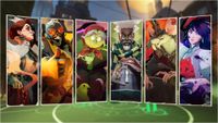 A composition image of Deadlock screenshots. Six vertical portraits of new heroes are overlayed on top of a glowing green zone in the map.