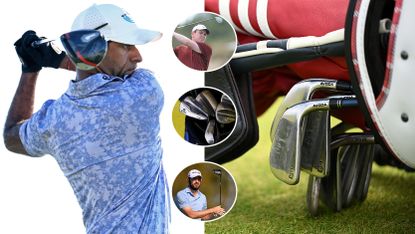 Golfers hitting shots, with various pictures of clubs around them