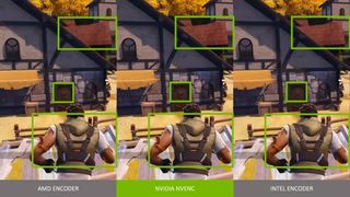 A side-by-side comparison of Fortnite screenshots showing compression rates in AV1 encoded video from AMD, Nvidia, and Intel GPUs.