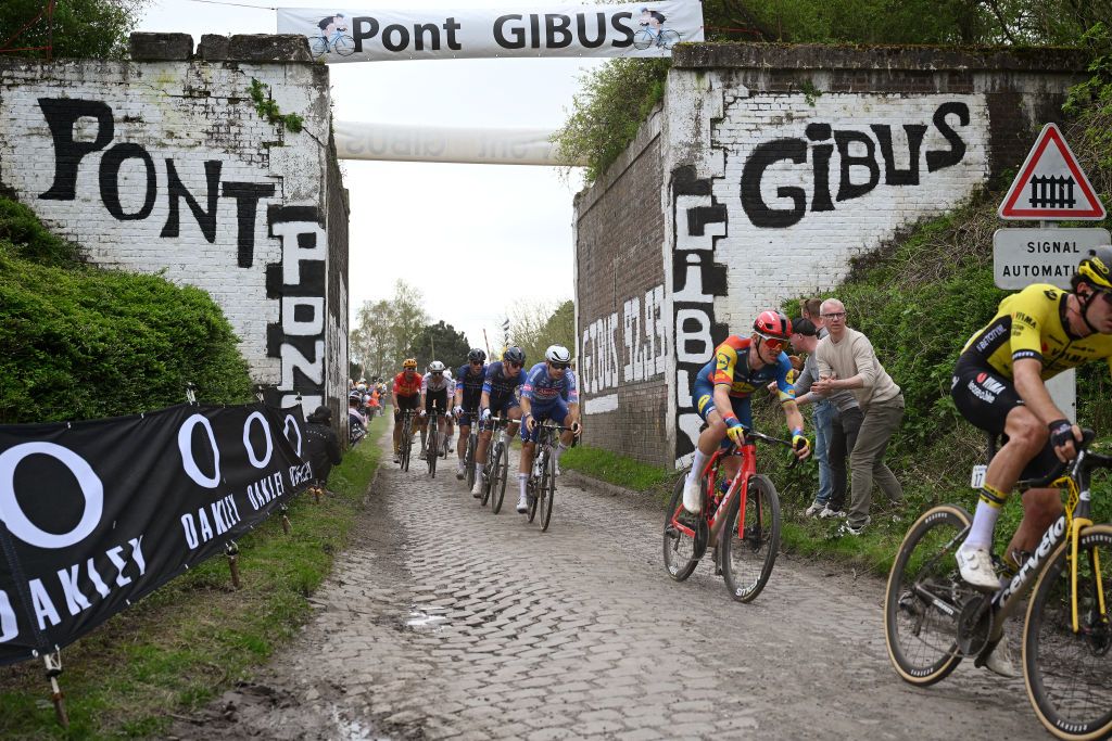 ROUBAIX FRANCE APRIL 07 Mads Pedersen of Denmark and Team Lidl Trek competes passing through the Gibus bridge during the 121st ParisRoubaix 2024 a 2597km one day race from Compiegne to Roubaix UCIWT on April 07 2024 in Roubaix France Photo by Dario BelingheriGetty Images