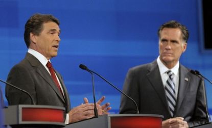 Texas Gov. Rick Perry and former Massachusetts Gov. Mitt Romney hammered each other at a debate in Orlando, Fla., on Thursday night.