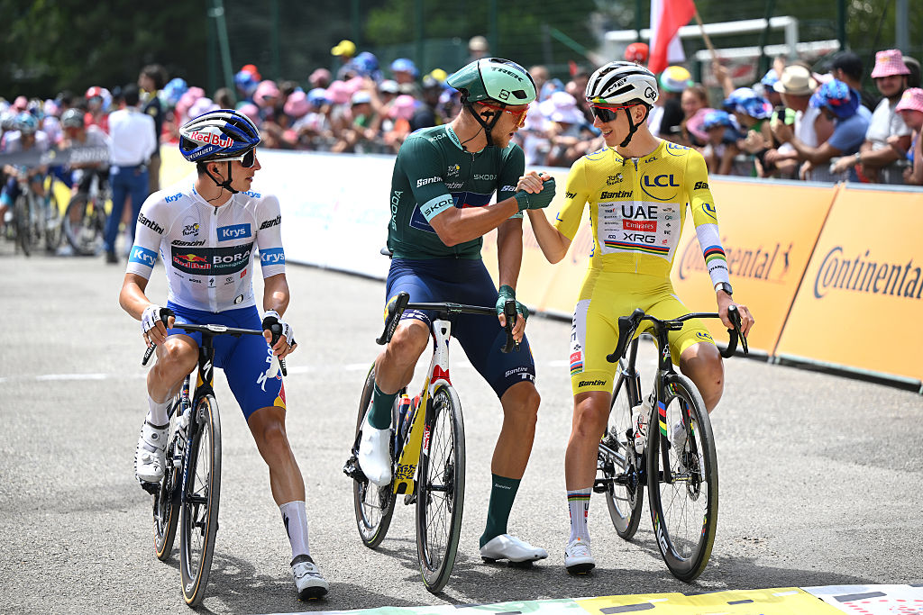 ALBERTVILLE, FRANCE - JULY 25: (L-R) Florian Lipowitz of Germany and Team Red Bull - BORA - hansgrohe - White best Young Rider Jersey, Jonathan Milan of Italy and Team Lidl - Trek - Green Sprint Jersey and Tadej Pogacar of Slovenia and UAE Team Emirates - XRG - Yellow Leader Jersey prior to the 112th Tour de France 2025, Stage 19 a 93.1km stage from Albertville to La Plagne 2062m / #UCIWT / Stage route modified over infected cattle / on July 25, 2025 in Albertville, France. (Photo by Dario Belingheri/Getty Images)
