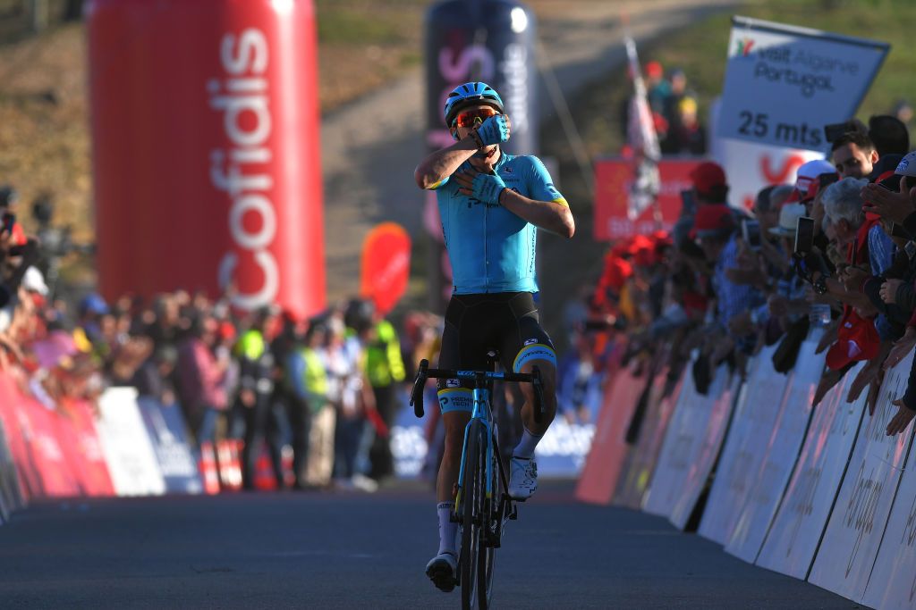 ALTO DO MALHO LOUL PORTUGAL FEBRUARY 22 Arrival Miguel ngel Lpez of Colombia and Team Astana Pro Team Celebration during the 46th Volta ao Algarve 2020 Stage 4 a 1697km stage from Albufeira to Alto do Malho 518m Loul VAlgarve2020 on February 22 2020 in Alto do Malho Loul Portugal Photo by Tim de WaeleGetty Images