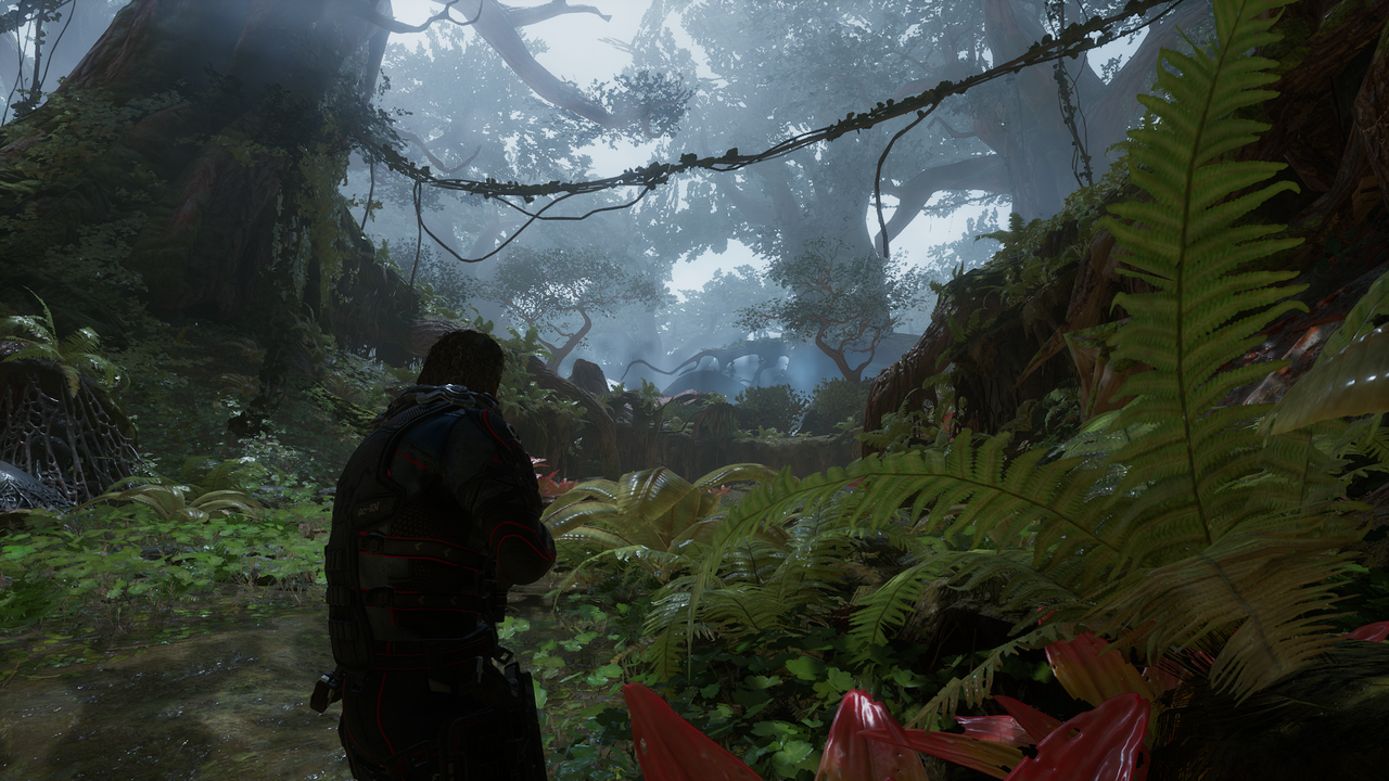 Outriders DLSS comparison images in alien forest