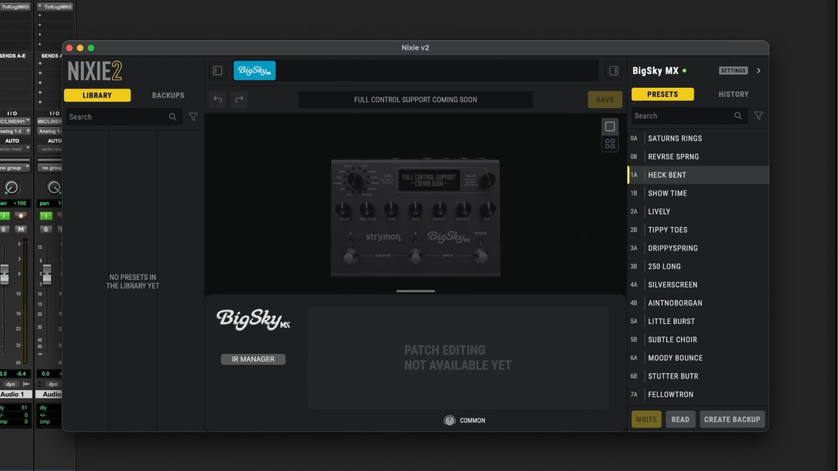 A screenshot of the Strymon Nixie 2 app with Pro Tools in the background
