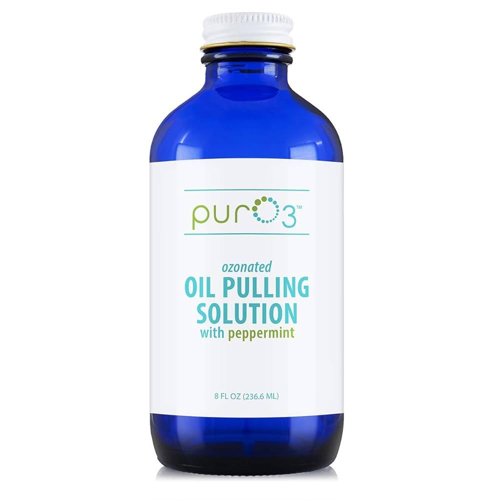 Puro3 Ozonated Oil Pulling Solution - Organic, Ozone Infused Coconut, Sesame, Sunflower, &amp; Peppermint Essential Oils for Teeth &amp; Gums - Fluoride-Free, Non-Toxic &amp; Non-Gmo Oral Care, 8 Oz