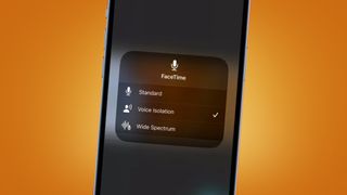 An iPhone on an orange background showing FaceTime audio options