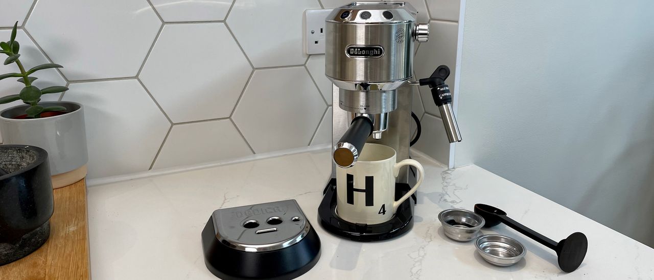 DeLonghi Dedica Style EC685 being used on a kitchen countertop