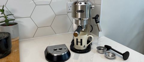 De'Longhi Dedica Style EC685 being used on a kitchen countertop