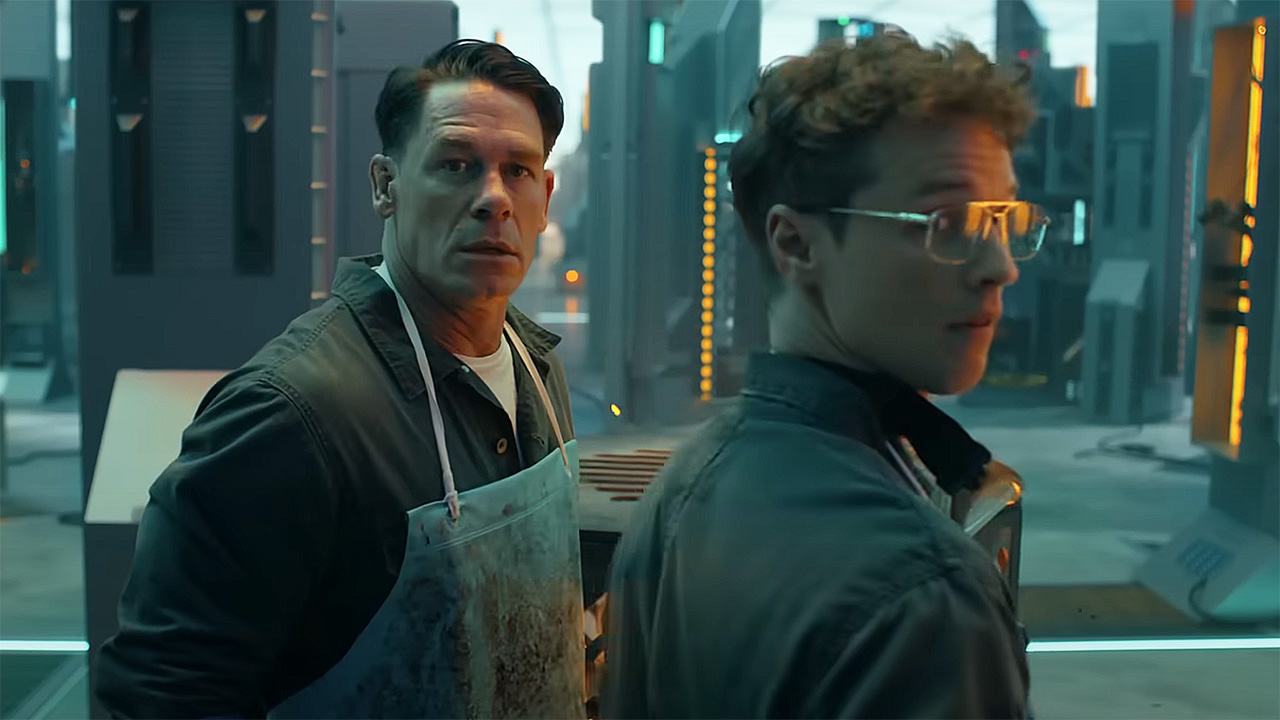 Chris Smith and Adrian Chase turning to face someone off-camera in Peacemaker season 2