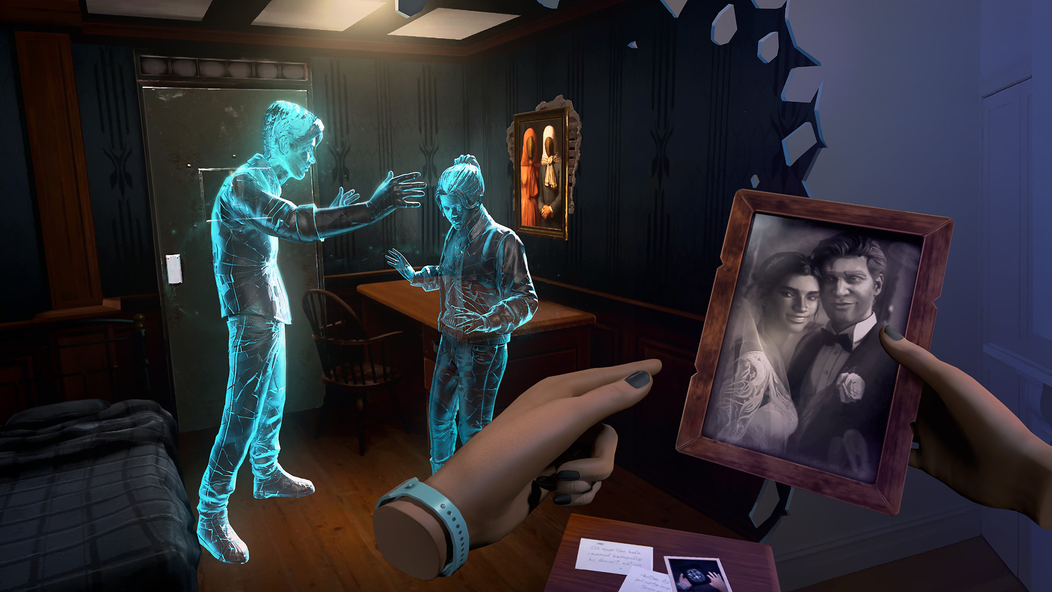 An official mixed reality screenshot of Shattered taken on a Meta Quest 3 showing a memory playing out in a "portal" on a wall