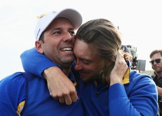 Garcia and Fleetwood embrace at the 2018 Ryder Cup