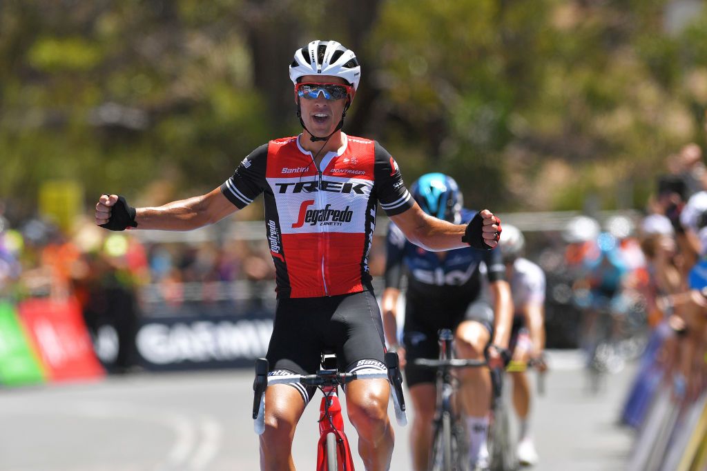 Trek-Segafredo’s Richie Porte takes his sixth-straight win on the Willunga Hill stage at the 2019 Tour Down Under