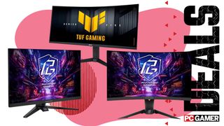A collage of three different gaming monitors, against a colorful background, with the phrase 'Deals' and a PC Gamer logo on the sides