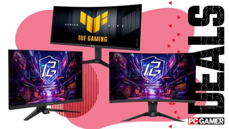 A collage of three different gaming monitors, against a colorful background, with the phrase 'Deals' and a PC Gamer logo on the sides