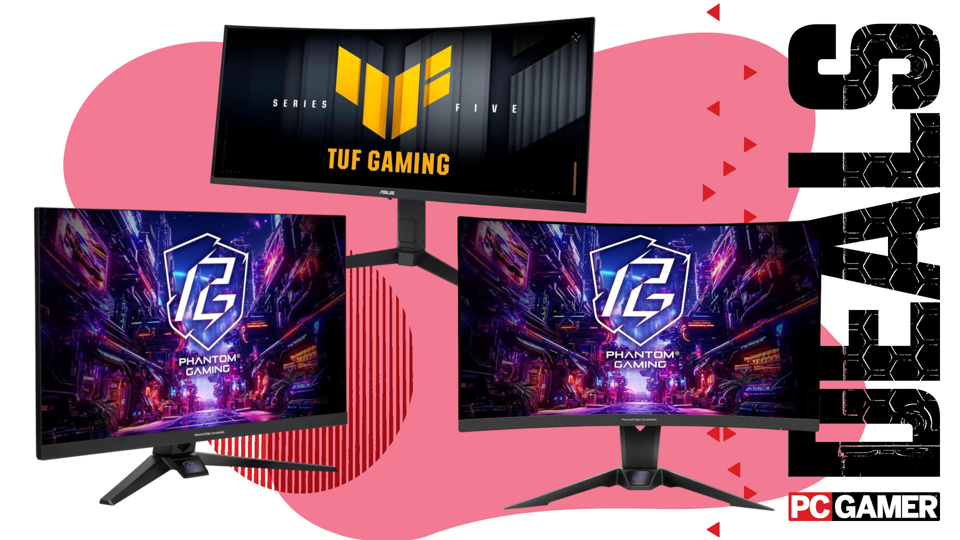 A collage of three different gaming monitors, against a colorful background, with the phrase 'Deals' and a PC Gamer logo on the sides