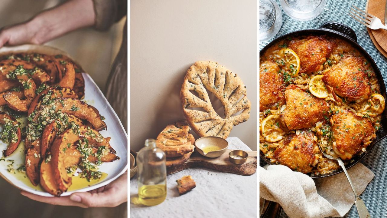 Butternut squash, freshly baked bread, and a one-pan chicken dish
