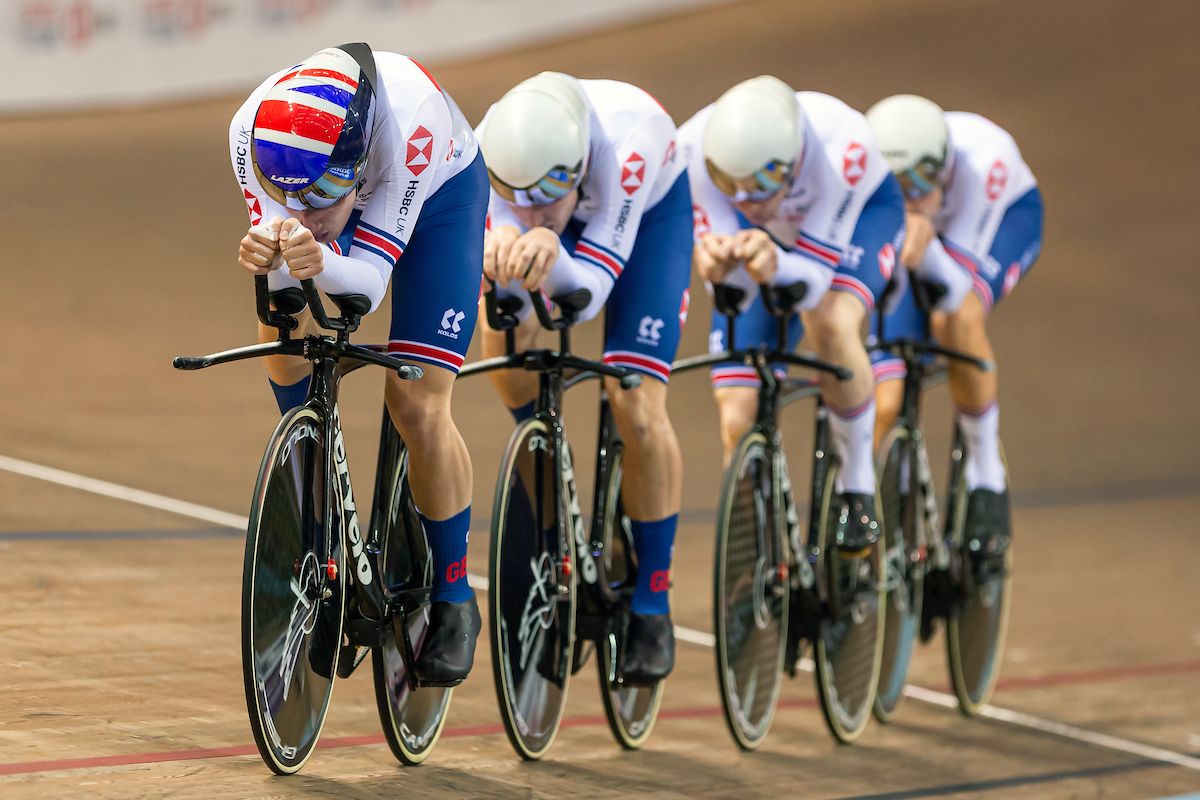 Charlie Tanfield, Ethan Hayter, Ollie Wood and Ed Clancy of Great Britain in action during the Men's Team Pursuit first round