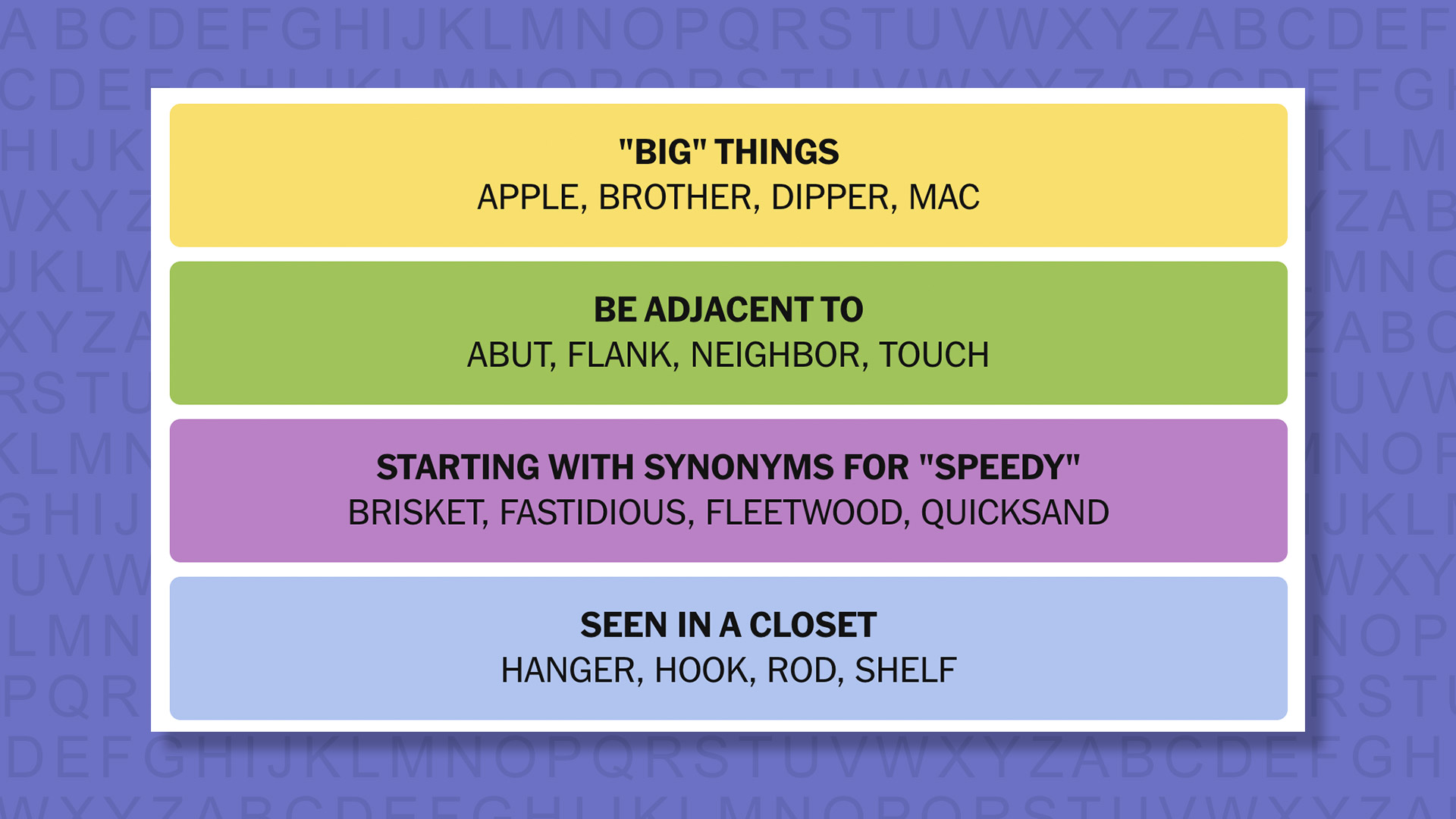 NYT Connections answers for game 996 on a purple background