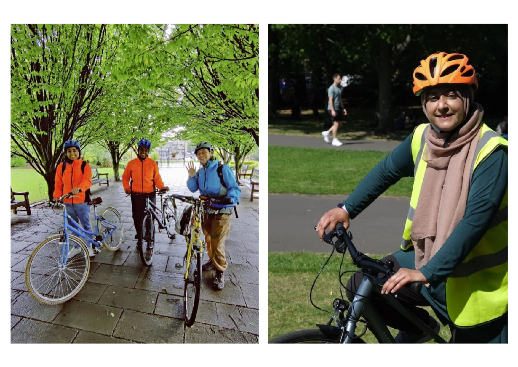Two photos, one of a group of riders next to their bikes, another of a woman on her bike