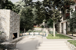 Outdoor area with built-in fireplace and large seating area
