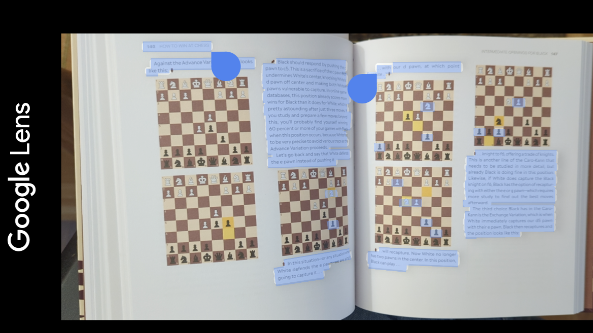 Escaneo de texto de Google Lens resaltando texto en un libro sobre ajedrez