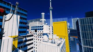 A glittering Mirror's Edge-style skyline, as seen in Amnesia: The Bunker mod Bunker's Edge.