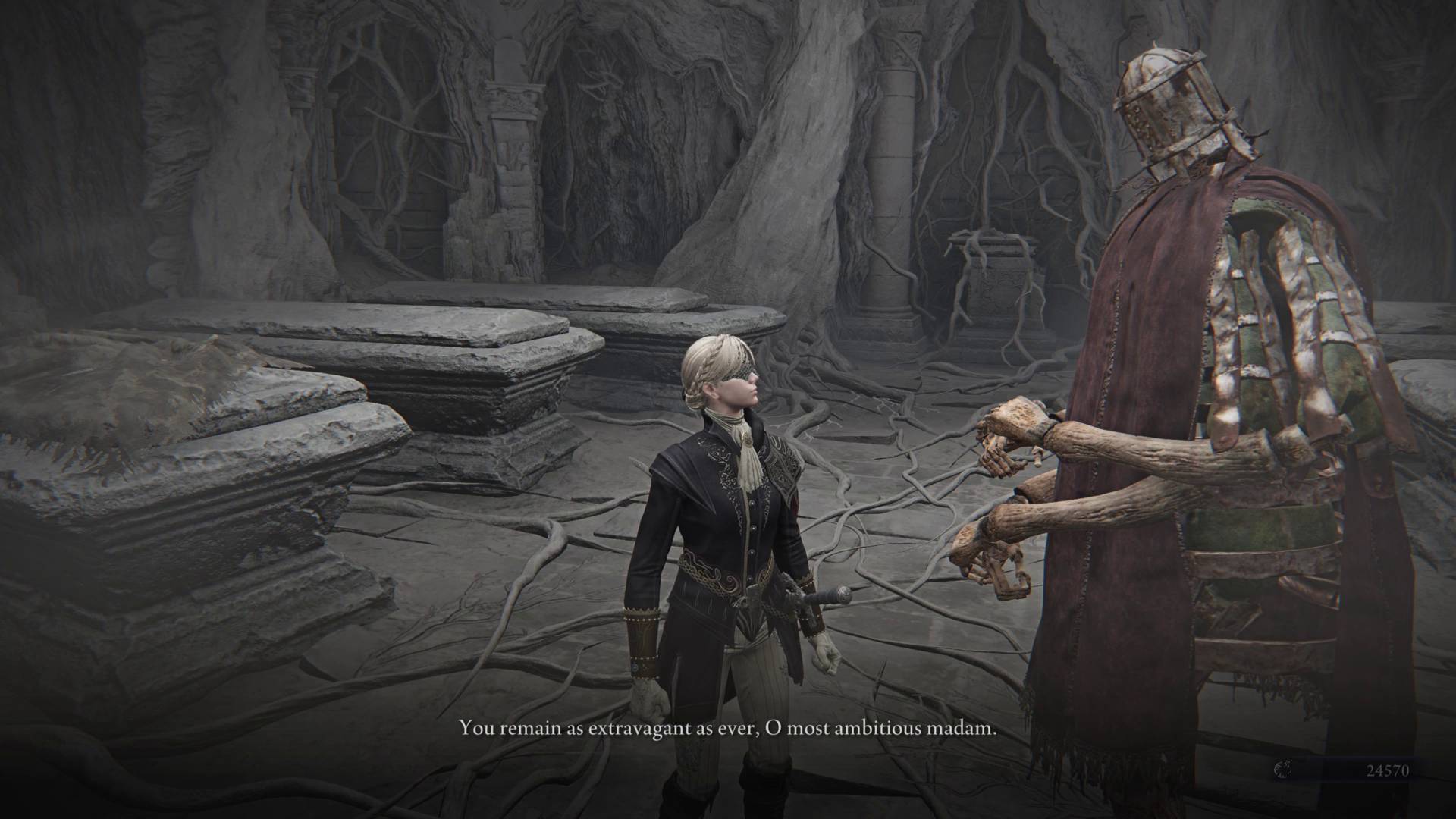Elden Ring Nightreign Duchess Remembrance quest Duchess talking to Iron Menial in the crypt with new Remembrance outfit