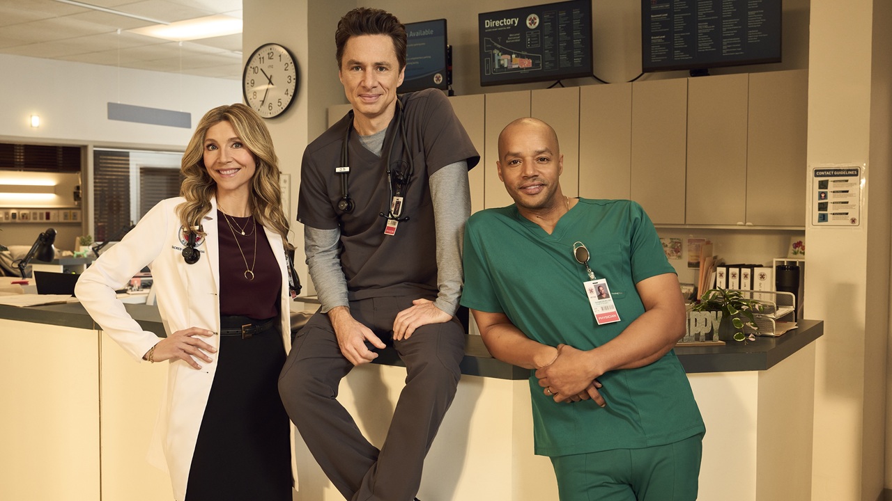 Back administering laughs at Sacred Heart are (from left to right) Elliot (Sarah Chalke), JD (Zach Braff), and Turk (Donald Faison), ready to take on more hospital rounds.