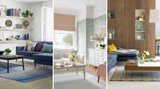 Compilation image of three living rooms one neutral, one pastel and one mid-century wood to support a guide on how to dust a living room