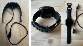 A demonstration of how to charge your Fitbit, with both a fitness tracker and smartwatch example