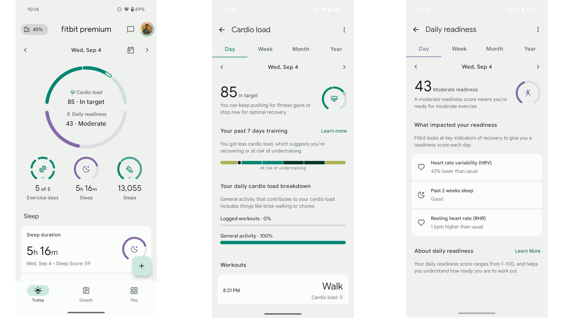 Fitbit app screenshots showing the user's daily readiness and cardio load scores.