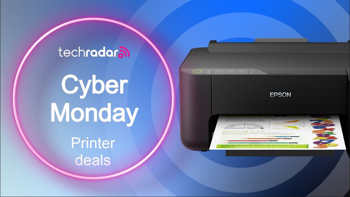 An Epson printer next to the words Cyber Monday printer deals 