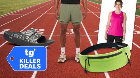 A collage of running deals shown on a track