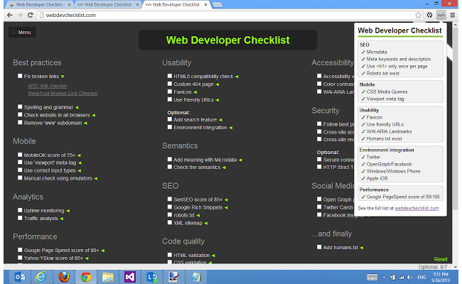 Google Chrome extensions - Web Developer Checklist