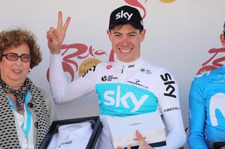 David De La Cruz (Team Sky) on the podium after winning the a stage 5 time trial at Ruta del Sol