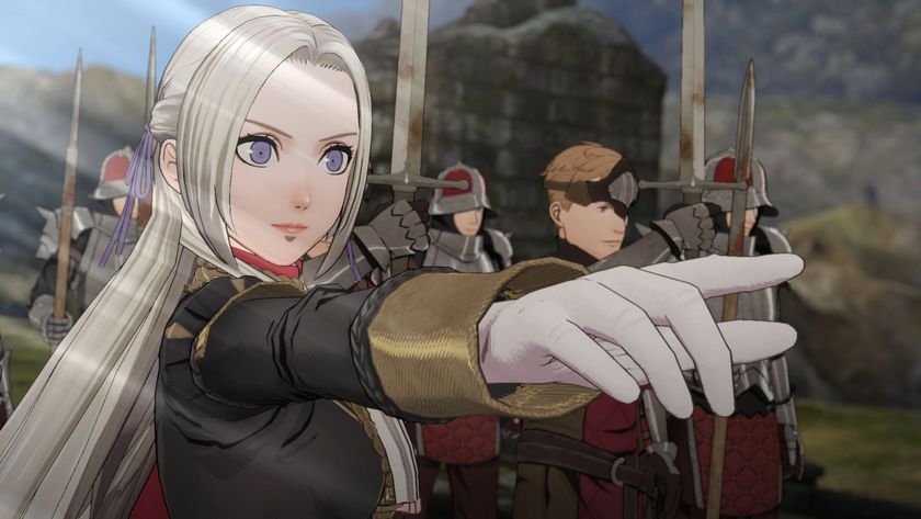 Edelgard pointing in a commanding stance in Fire Emblem: Three Houses