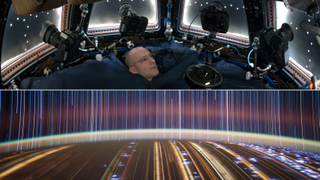 two images. one on top shows an astronaut surrounded by windows, cameras and a view of earth. bottom shows earth with star trails and light trails