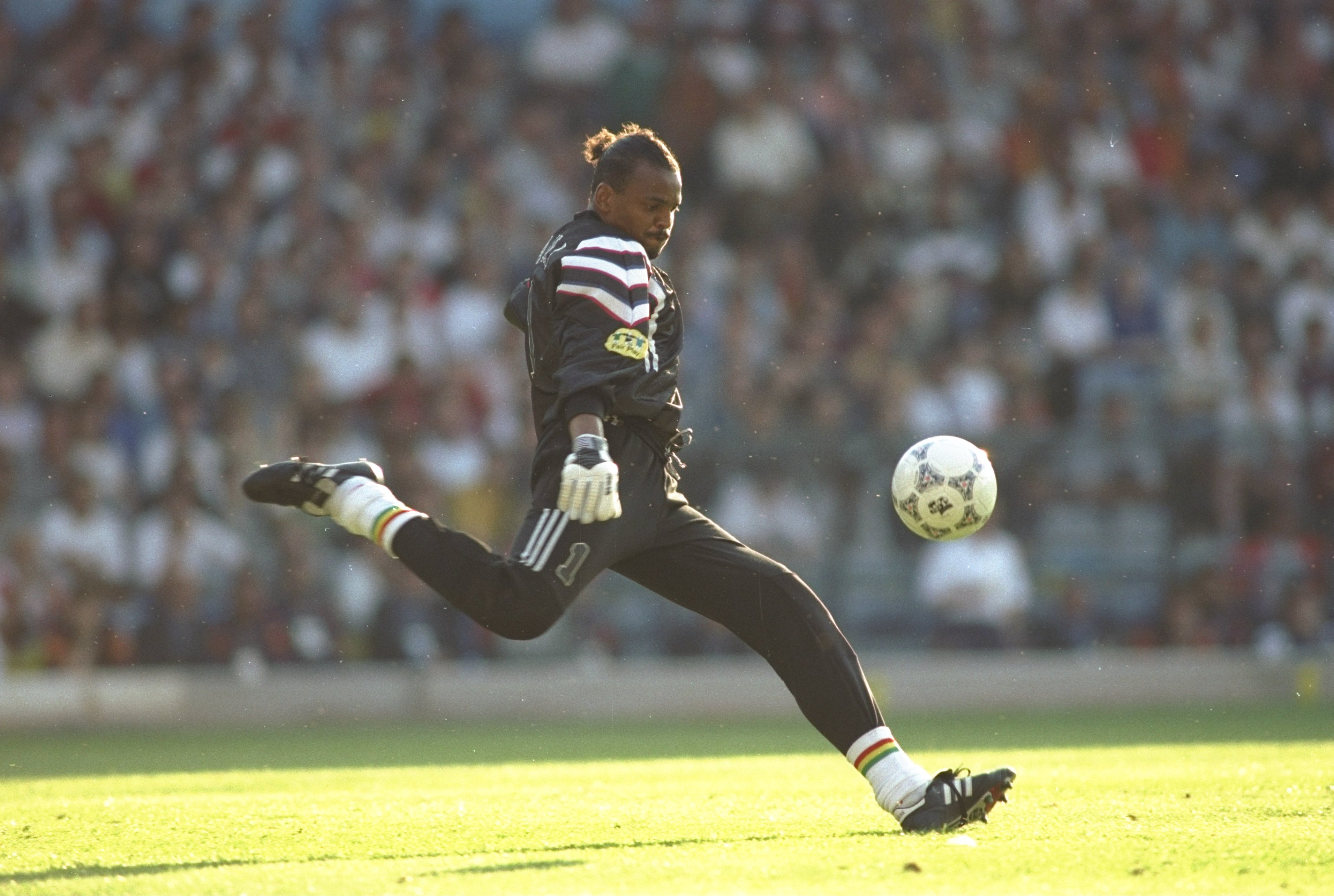 Bernard Lama in action for France against Spain at Euro 96.